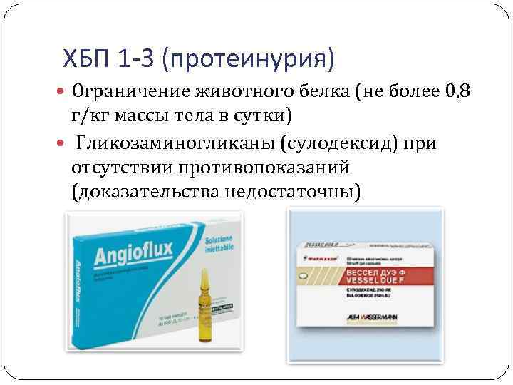  ХБП 1 -3 (протеинурия) Ограничение животного белка (не более 0, 8 г/кг массы