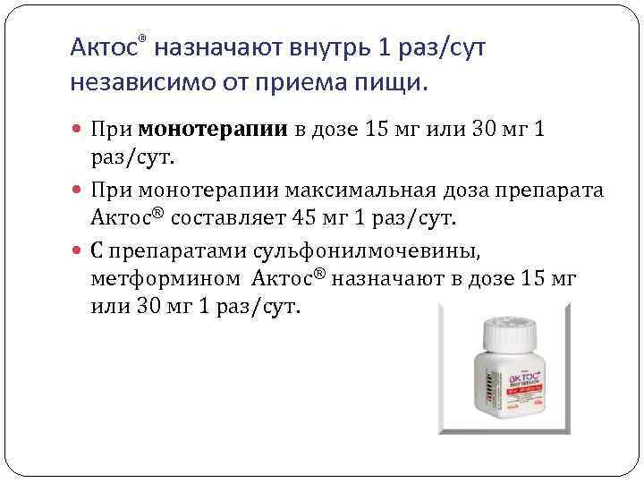 Актос® назначают внутрь 1 раз/сут независимо от приема пищи. При монотерапии в дозе 15