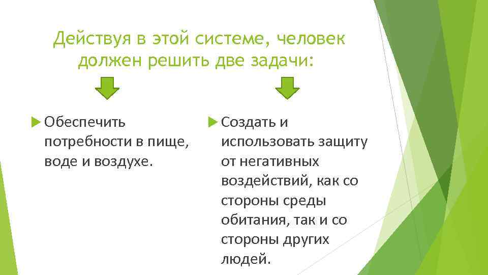 Действуя в этой системе, человек должен решить две задачи: Обеспечить потребности в пище, воде