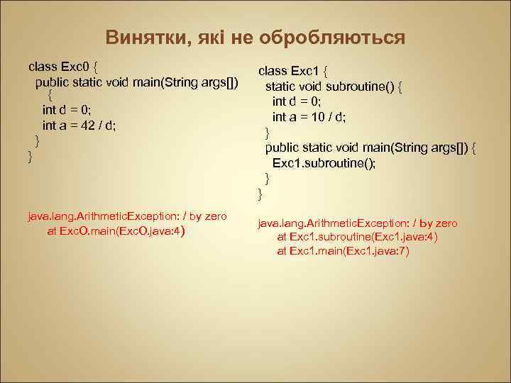 Винятки, які не обробляються class Exc 0 { public static void main(String args[]) {