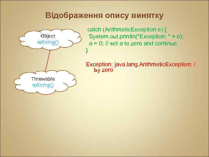 Відображення опису винятку Object to. String() catch (Arithmetic. Exception e) { System. out. println("Exception: