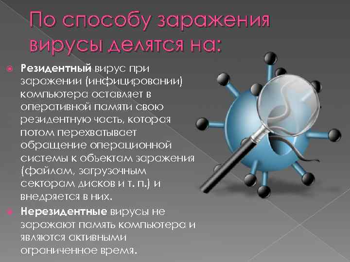 По способу заражения вирусы делятся на: Резидентный вирус при заражении (инфицировании) компьютера оставляет в