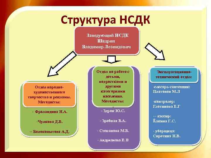 Структура НСДК Заведующий НСДК Шадрин Владимир Леонидович - Фроландина Н. А. Отдел по работе