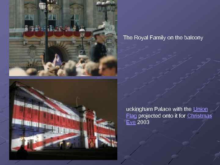 The Royal Family on the balcony uckingham Palace with the Union Flag projected onto