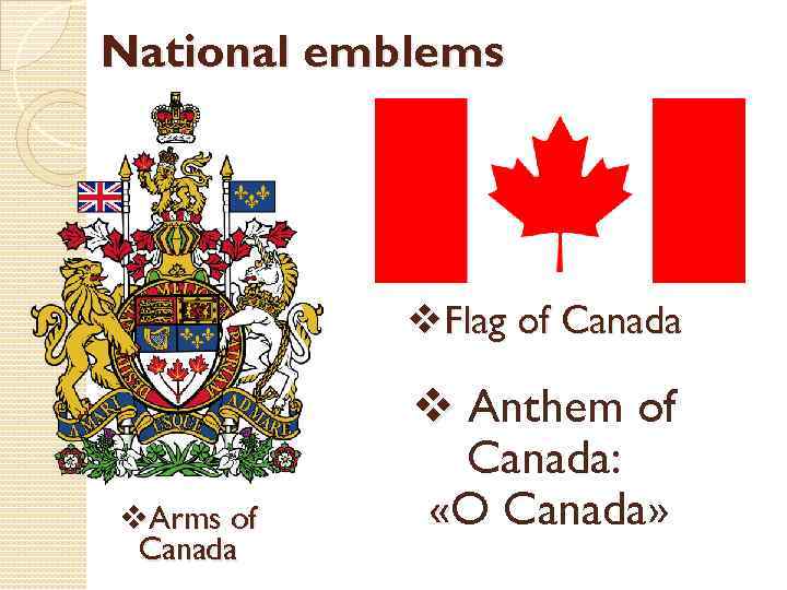 National emblems v. Flag of Canada v. Arms of Canada v Anthem of Canada: