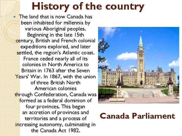 History of the country The land that is now Canada has been inhabited for