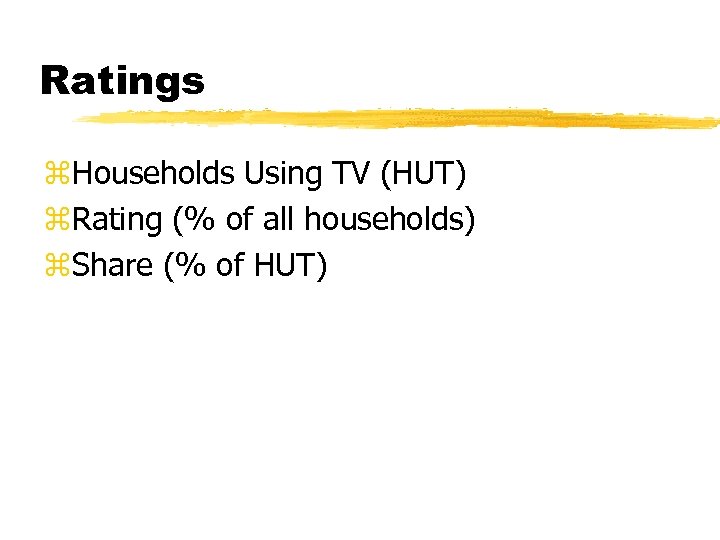 Ratings z. Households Using TV (HUT) z. Rating (% of all households) z. Share