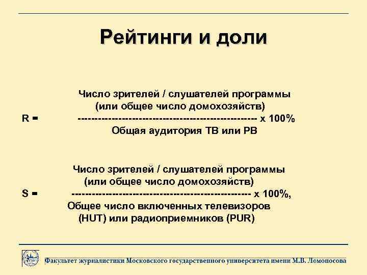 Рейтинги и доли R= S= Число зрителей / слушателей программы (или общее число домохозяйств)