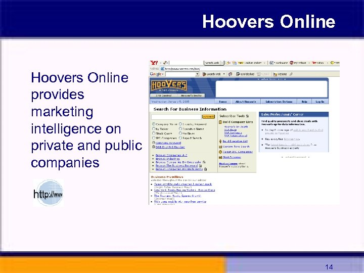 Hoovers Online provides marketing intelligence on private and public companies 14 