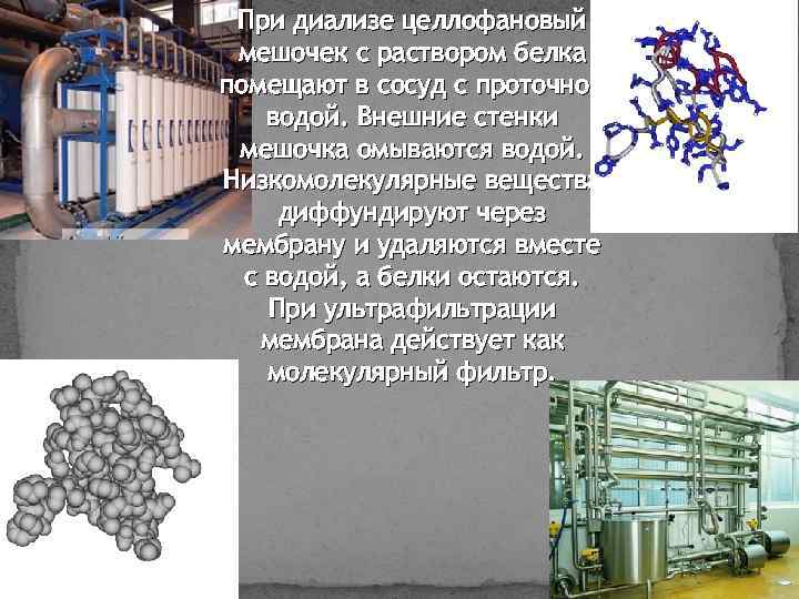 При диализе целлофановый мешочек с раствором белка помещают в сосуд с проточной водой. Внешние