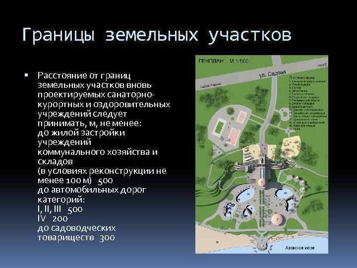 Границы земельных участков Расстояние от границ земельных участков вновь проектируемых санаторнокурортных и оздоровительных учреждений