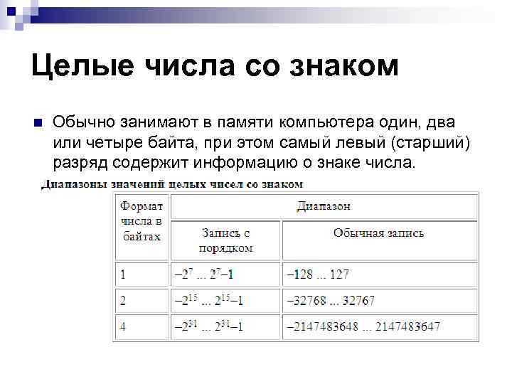 Целые числа со знаком n Обычно занимают в памяти компьютера один, два или четыре