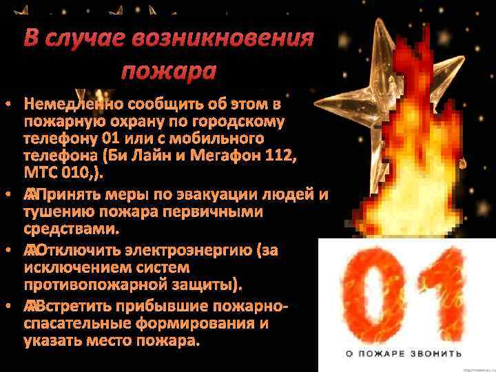 В случае возникновения пожара • Немедленно сообщить об этом в пожарную охрану по городскому