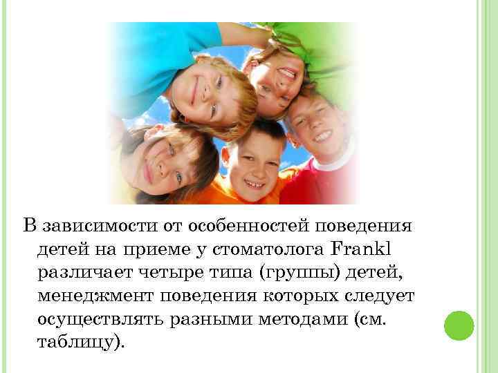 В зависимости от особенностей поведения детей на приеме у стоматолога Frankl различает четыре типа