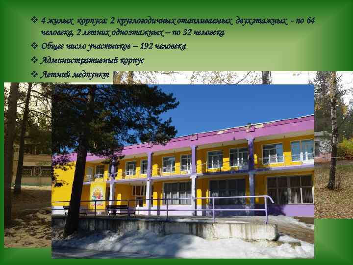 v 4 жилых корпуса: 2 круглогодичных отапливаемых двухэтажных - по 64 человека, 2 летних