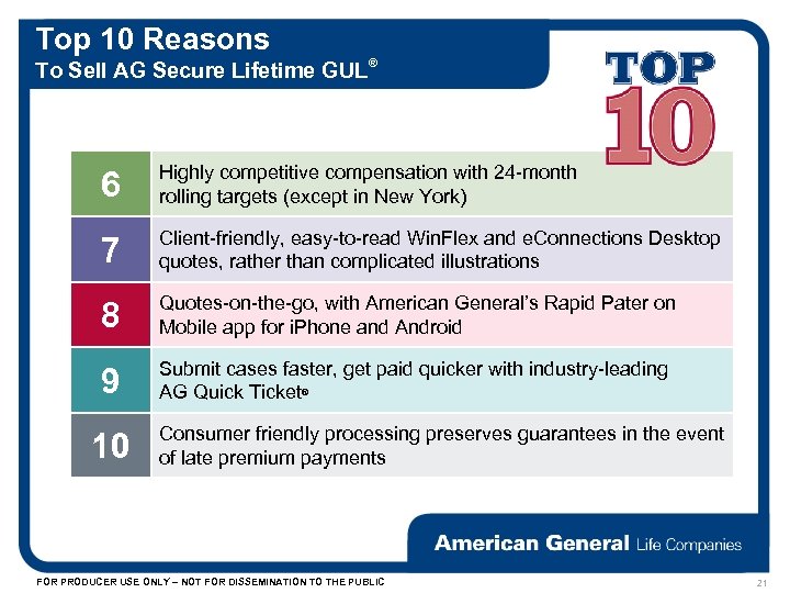 Top 10 Reasons To Sell AG Secure Lifetime GUL® 6 Highly competitive compensation with