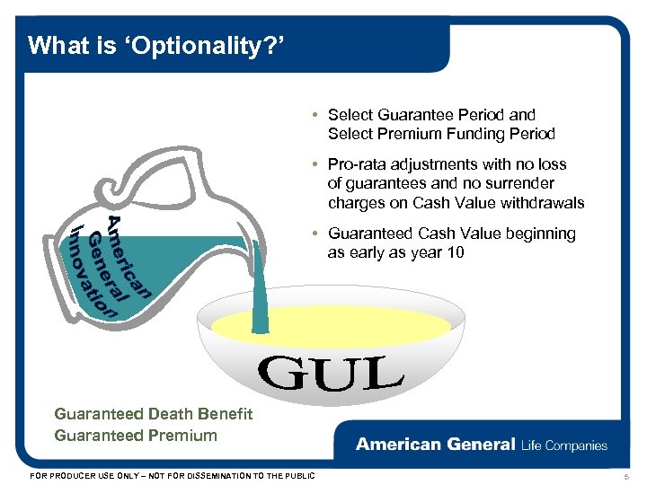 What is ‘Optionality? ’ • Select Guarantee Period and Select Premium Funding Period •