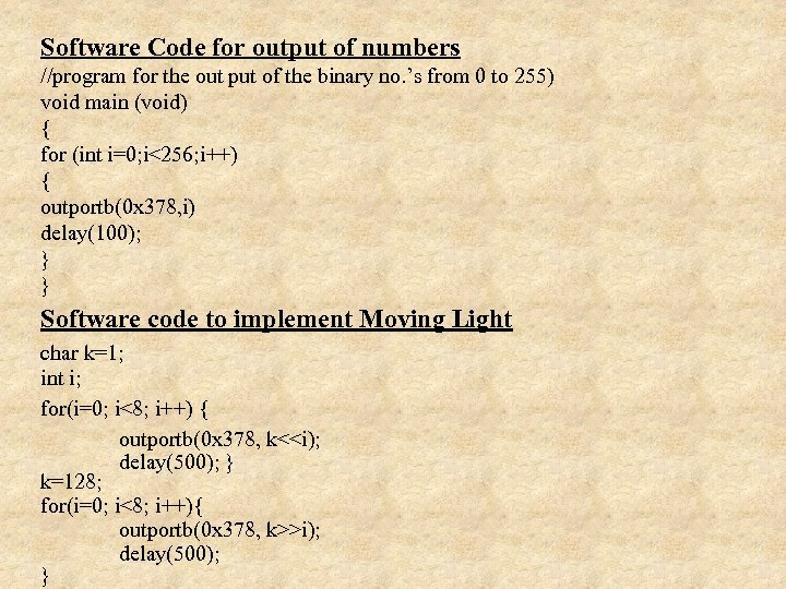 Software Code for output of numbers //program for the out put of the binary