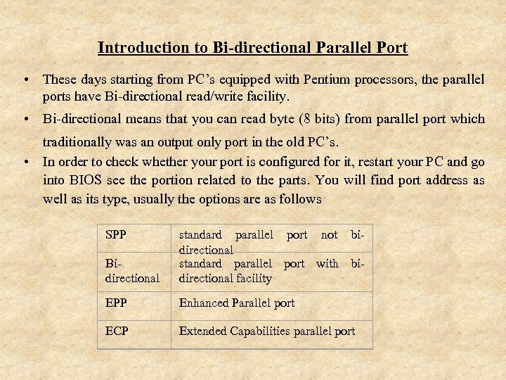 Introduction to Bi-directional Parallel Port • These days starting from PC’s equipped with Pentium