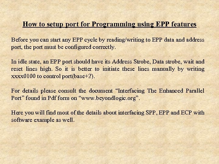 How to setup port for Programming using EPP features Before you can start any