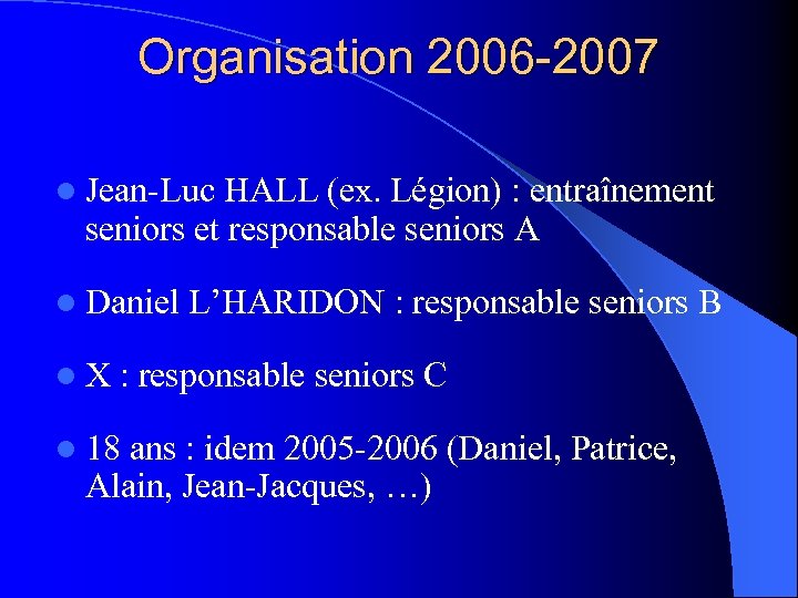 Organisation 2006 -2007 l Jean-Luc HALL (ex. Légion) : entraînement seniors et responsable seniors