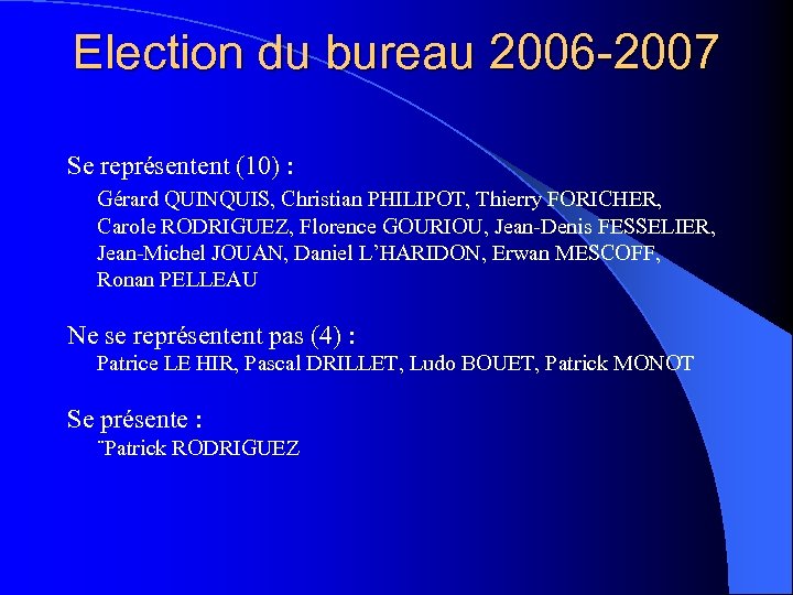 Election du bureau 2006 -2007 Se représentent (10) : Gérard QUINQUIS, Christian PHILIPOT, Thierry