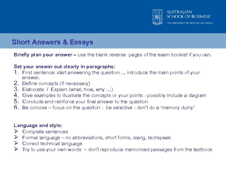 Short Answers & Essays Briefly plan your answer – use the blank reverse pages