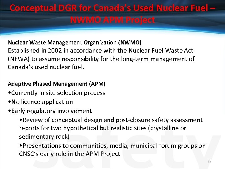 Conceptual DGR for Canada’s Used Nuclear Fuel – NWMO APM Project Nuclear Waste Management