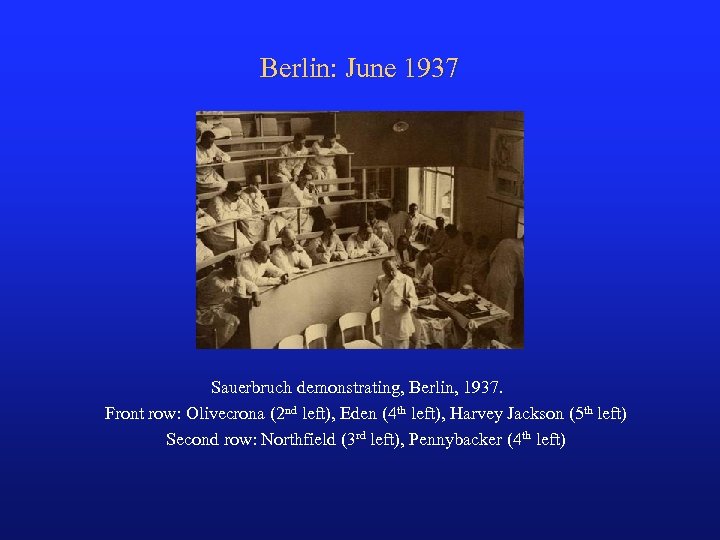 Berlin: June 1937 Sauerbruch demonstrating, Berlin, 1937. Front row: Olivecrona (2 nd left), Eden