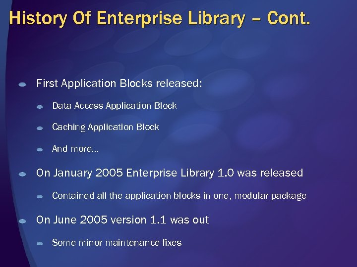 History Of Enterprise Library – Cont. First Application Blocks released: Data Access Application Block