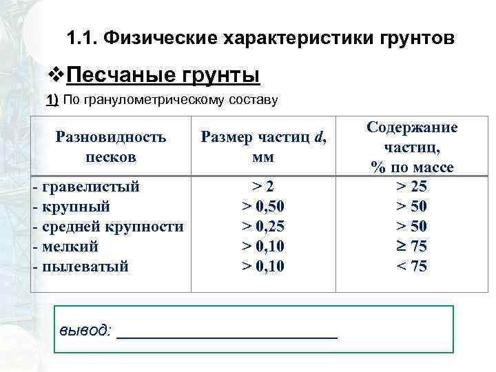 1. 1. Физические характеристики грунтов v. Песчаные грунты 1) По гранулометрическому составу Разновидность песков