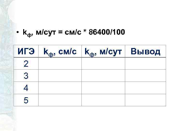  • kф, м/сут = см/с * 86400/100 ИГЭ 2 3 4 5 kф,