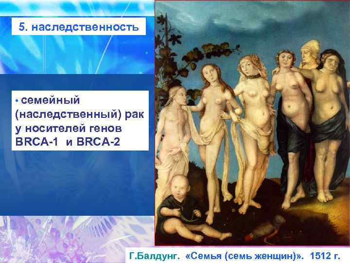 5. наследственность • семейный (наследственный) рак у носителей генов BRCA-1 и BRCA-2 Г. Балдунг.