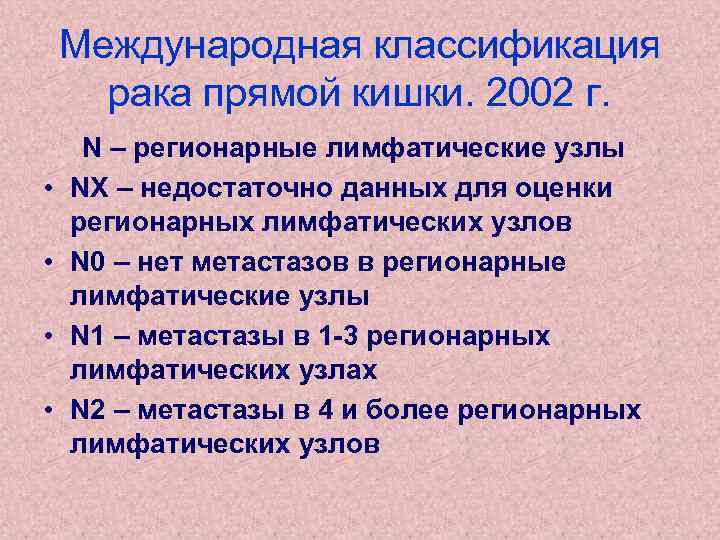 Международная классификация рака прямой кишки. 2002 г. • • N – регионарные лимфатические узлы
