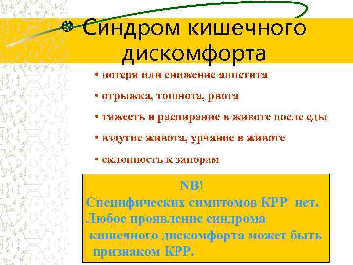 Синдром кишечного дискомфорта • потеря или снижение аппетита • отрыжка, тошнота, рвота • тяжесть