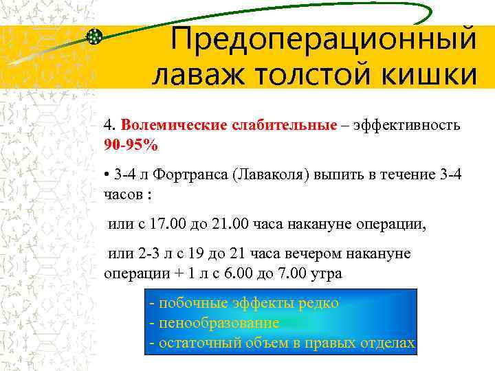 Предоперационный лаваж толстой кишки 4. Волемические слабительные – эффективность 90 -95% • 3 -4