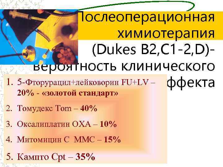 Послеоперационная химиотерапия (Dukes B 2, C 1 -2, D)вероятность клинического 1. 5 -Фторурацил+лейковорин FU+LV