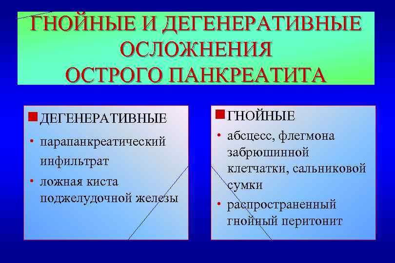 ГНОЙНЫЕ И ДЕГЕНЕРАТИВНЫЕ ОСЛОЖНЕНИЯ ОСТРОГО ПАНКРЕАТИТА g ДЕГЕНЕРАТИВНЫЕ g ГНОЙНЫЕ парапанкреатический инфильтрат h ложная