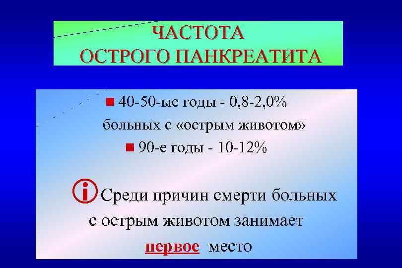 ЧАСТОТА ОСТРОГО ПАНКРЕАТИТА n 40 -50 -ые годы - 0, 8 -2, 0% больных