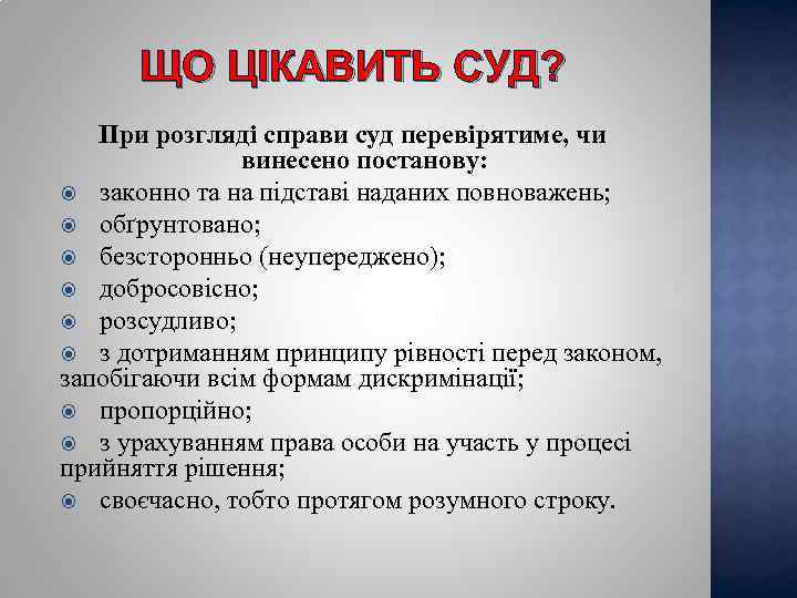 ЩО ЦІКАВИТЬ СУД? При розгляді справи суд перевірятиме, чи винесено постанову: законно та на