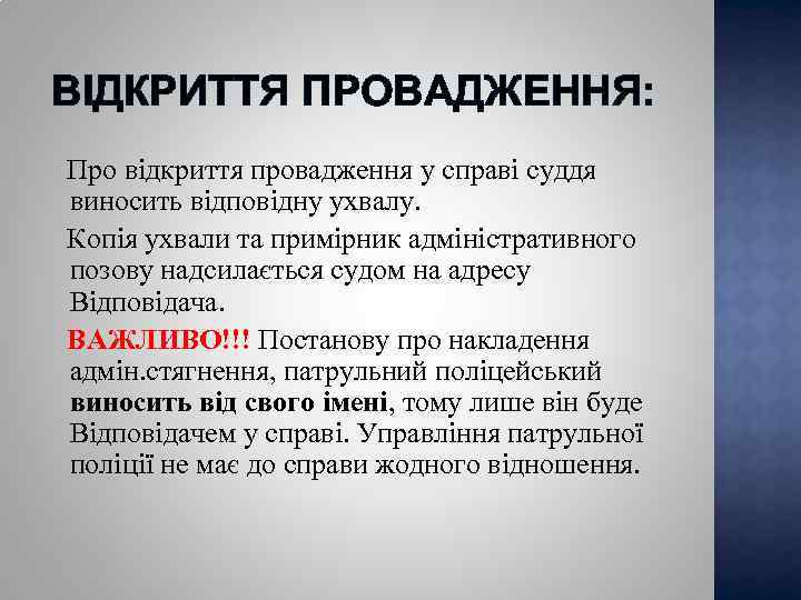 ВІДКРИТТЯ ПРОВАДЖЕННЯ: Про відкриття провадження у справі суддя виносить відповідну ухвалу. Копія ухвали та