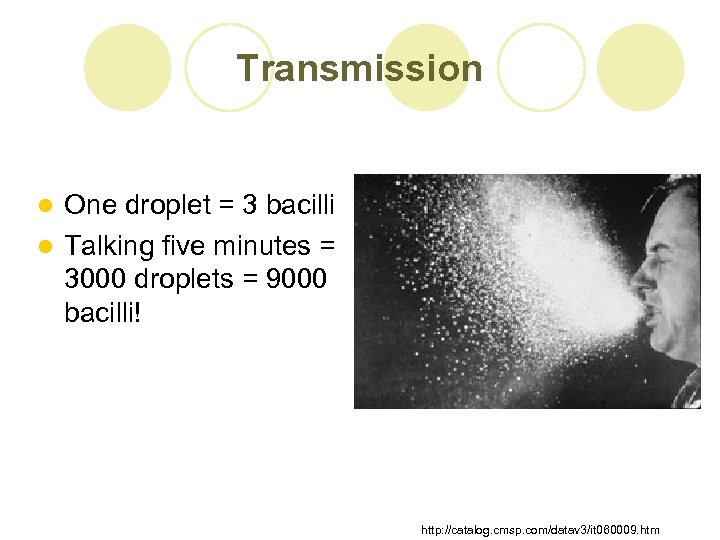 Transmission One droplet = 3 bacilli l Talking five minutes = 3000 droplets =
