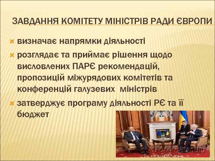ЗАВДАННЯ КОМІТЕТУ МІНІСТРІВ РАДИ ЄВРОПИ визначає напрямки діяльності розглядає та приймає рішення щодо висловлених