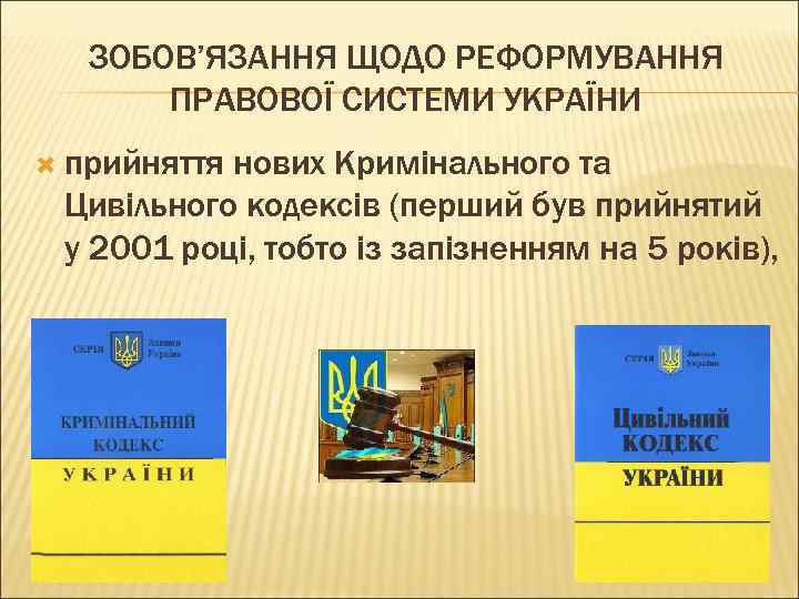 ЗОБОВ’ЯЗАННЯ ЩОДО РЕФОРМУВАННЯ ПРАВОВОЇ СИСТЕМИ УКРАЇНИ прийняття нових Кримінального та Цивільного кодексів (перший був