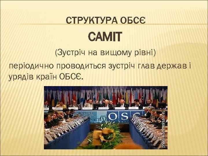 СТРУКТУРА ОБСЄ САМІТ (Зустріч на вищому рівні) періодично проводиться зустріч глав держав і урядів