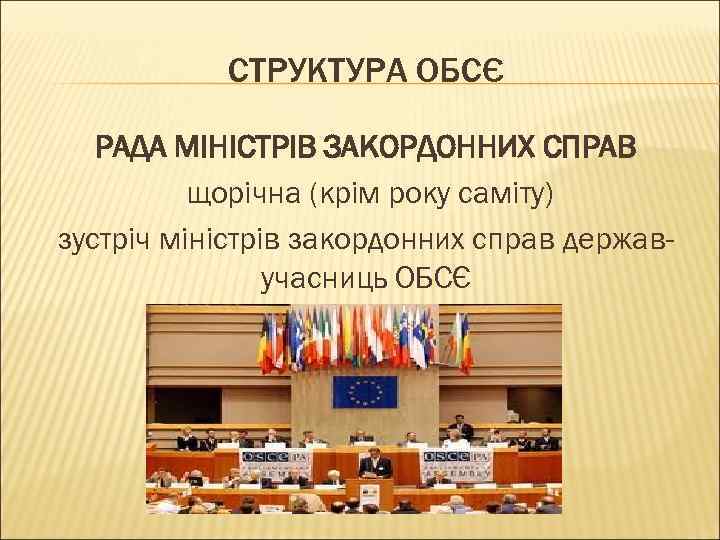 СТРУКТУРА ОБСЄ РАДА МІНІСТРІВ ЗАКОРДОННИХ СПРАВ щорічна (крім року саміту) зустріч міністрів закордонних справ