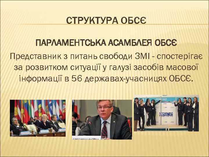 СТРУКТУРА ОБСЄ ПАРЛАМЕНТСЬКА АСАМБЛЕЯ ОБСЄ Представник з питань свободи ЗМІ - спостерігає за розвитком