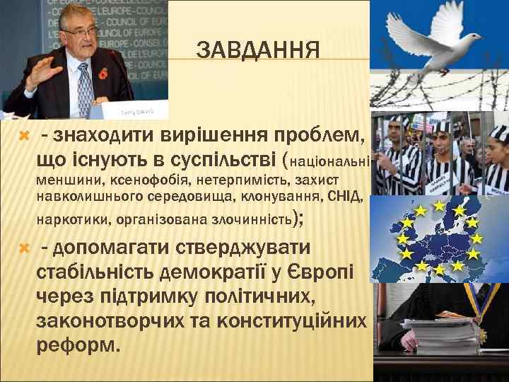 ЗАВДАННЯ - знаходити вирішення проблем, що існують в суспільстві (національні меншини, ксенофобія, нетерпимість, захист