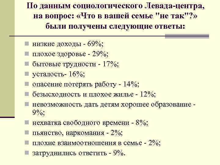 По данным социологического Левада-центра, на вопрос: «Что в вашей семье "не так"? » были