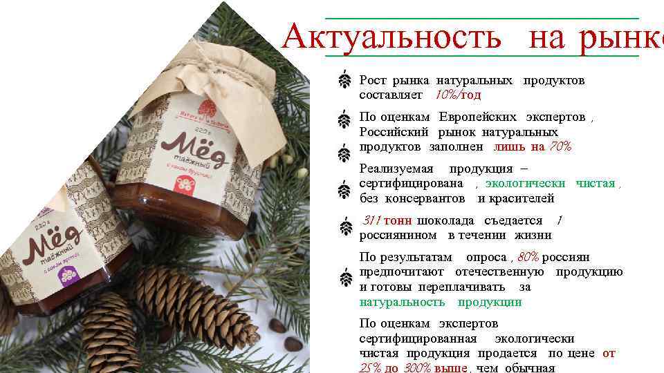 Актуальность на рынке Рост рынка натуральных продуктов составляет 10%/год По оценкам Европейских экспертов ,